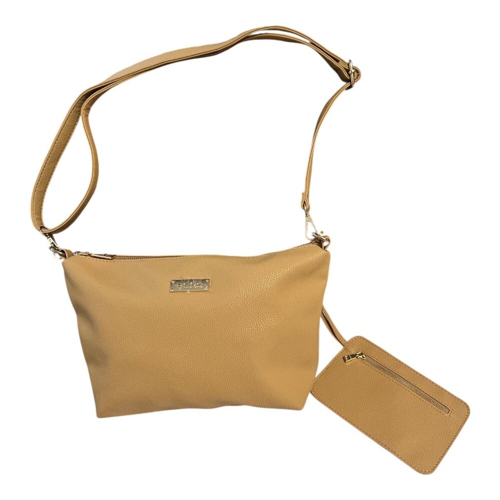 Bebe Tan Crossbody Bag with Zip Pouch | Faux Leather Gold Hardware | 8x12x4" Bag